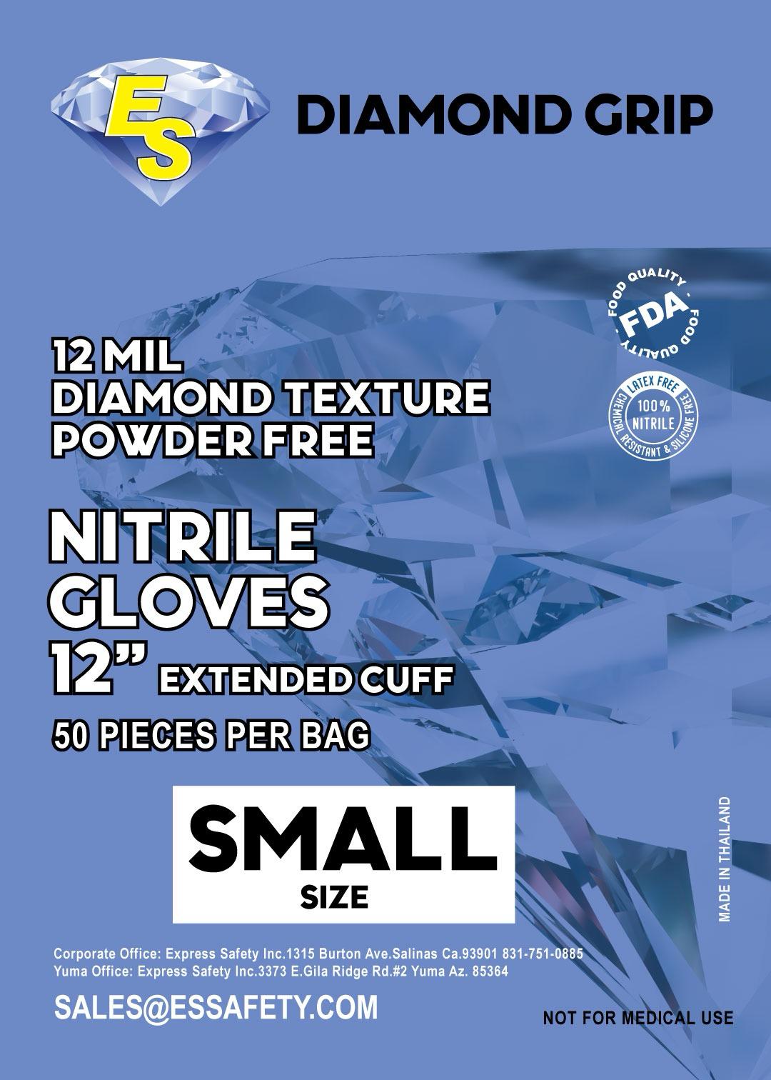 ES DIAMOND GRIP Heavy Duty 12 Mil Nitrile Powder Free Gloves with Aggressive Super Grip