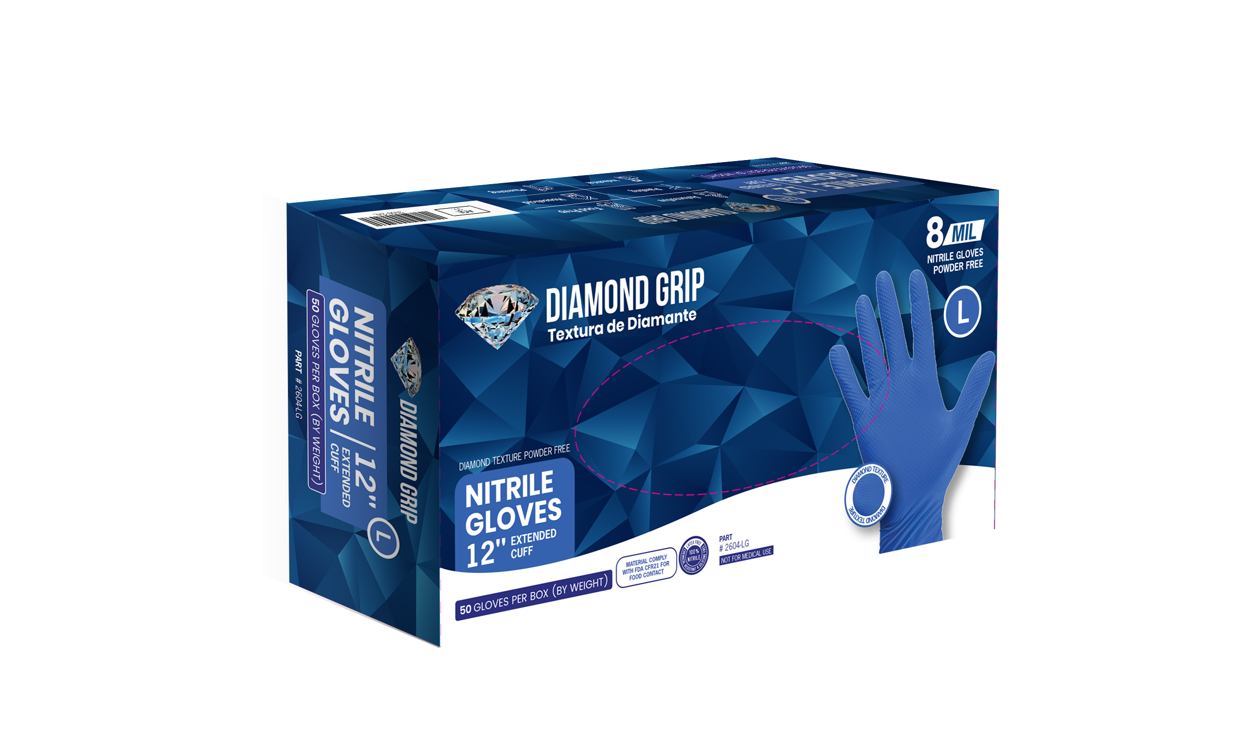 8 MIL 12" INCH CUFF BLUE DIAMOND TEXTURE NITRILE GLOVES 2600